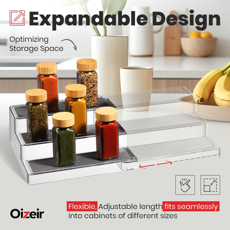 Expandable Spice Organizer Rack - 3-Tier - Clear Adjustable Tiered