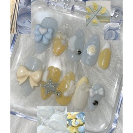 Blue Lemon Sorbet Handmade Nail Tips - Long Oval / 블루 레몬 소르베 수제네일팁 - 롱오벌
