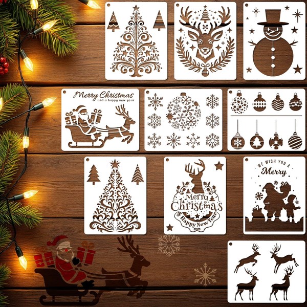 10 Pcs Christmas Stencils Set - Reusable 7.9x6.3 Inch Holiday