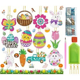 Guidre Pack of 12 diamond painting children, diamond painting key pendant, rabbit, 5D diamond painting pendant, diamond painting Easter hanger, Regali di Pasqua, kit de peinture diamond