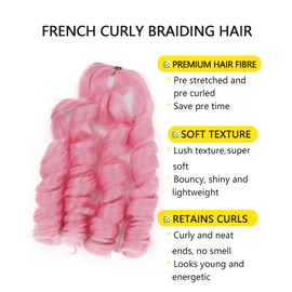20 Inch French Curl Braiding Hair Pink 2 Packs French Curls Braiding Hair Curly Braiding Hair French Curl Box Braids with Curly Ends French Braid in Hair Extensions (20 Inch,Pink,2Pc)