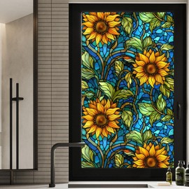 WBQMUNY Sunflower Stained Glass Window Film,Non Adhesive Privacy Film,Stained Glass Window Film for Bathroom Shower Door Heat Anti UV 17.7"x39.5"