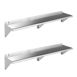 ROCKPOINT Stainless Steel Shelf 12 x 60 Inches 400lb, 2 Pack NSF Commercial Wall Mount Floating Shelving with Backsplash for Restaurant, Kitchen, Home and Hotel, Silver