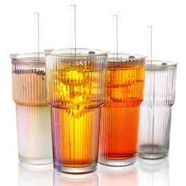 Zextira 20 oz Iridescent Glass Tumbler With Lid and Straw Set, 4 Pcs Colorful Ribbed Glass Tumbler, Reusable Iced Coffee Cups for Water, Tea, Coffee, Juice, Yogurt, And Soda Water
