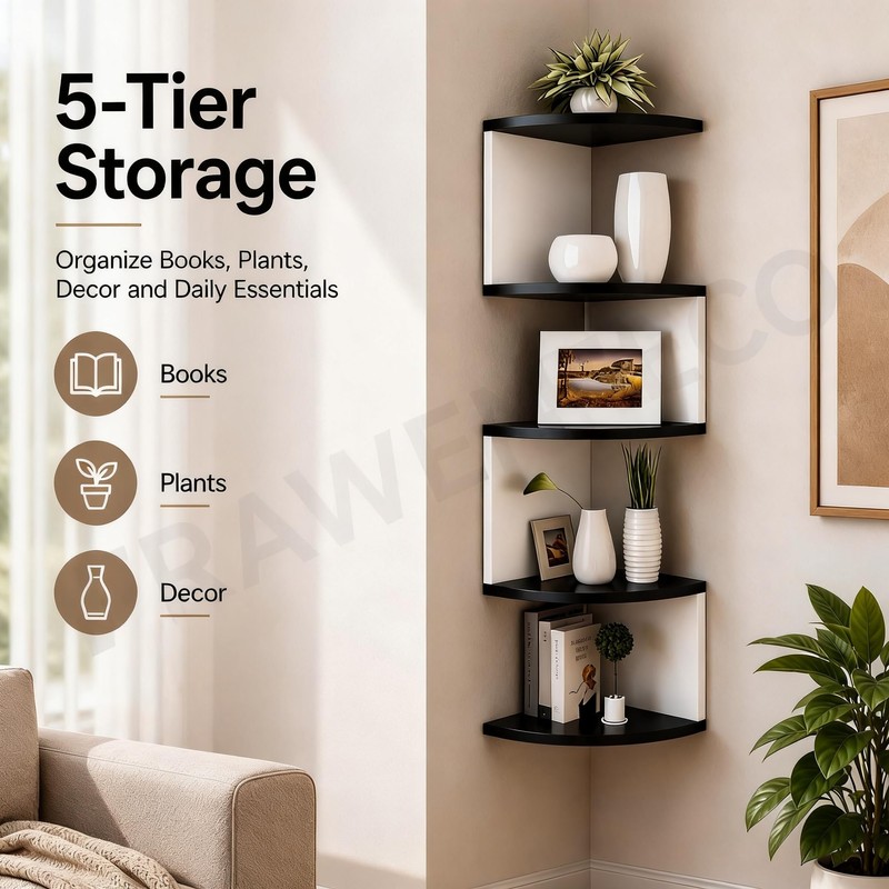 No-Drill Corner Shelf Wall Mount, 5-Tier Floating Corner Bookshelf with