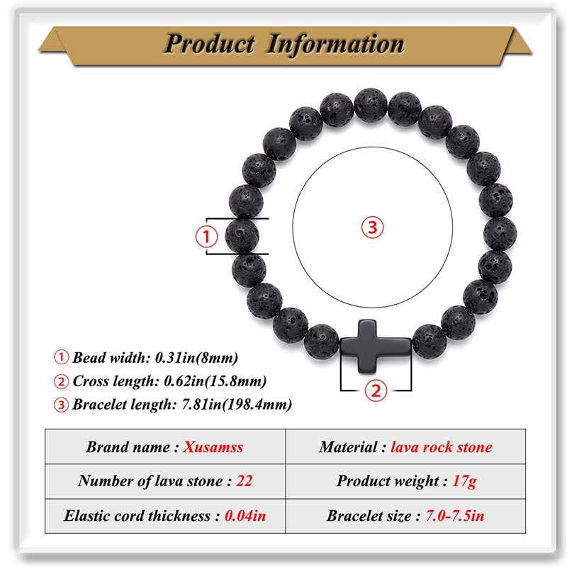 Xusamss Volcanic Stone Bead Cross Stretch Bracelet for Women Men,Lava