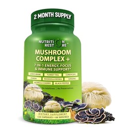 Organic Mushroom Complex: Lion's Mane, Turkey Tail, Cordyceps, Chaga, Contains Naturally Occurring Beta Glucans - Organic Energy & Immune Support Blend: Rhodiola Rosea, Ginseng & Acerola Cherry 120Ct