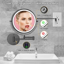 Rocollos Rechargeable Wall Mounted Lighted Makeup Mirror, 8 Inch Double-Sided LED Vanity Mirror 1X/10X Magnification,3 Color Lights Touch Screen Dimmable (9 INCH-Black)