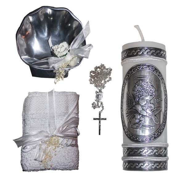 Catholic Baptism Kit with Towel, Candle, Rosary and Metal Shell for Boys and Girls. Handmade in Mexico for Catholic Gift and Godparents. Holy Spirit Baptism Candle Set. Kit de Bautizo