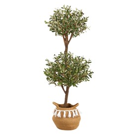 Nearly Natural 4.5ft. Artificial Olive Double Topiary Tree with Handmade Jute & Cotton Basket with Tassels