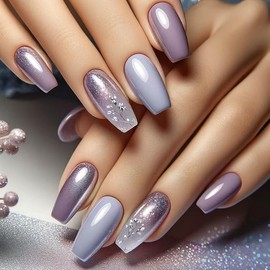 Spring Press on Nails Coffin Fake Nails Light Purple False Nails with White Flower Glitter Designs Purple Glue on Nails Summer Stick on Nails Cute Acrylic Nails Full Cover Glossy Artificial Nails