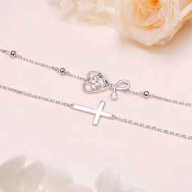 Ladytree 925 Sterling Silver Cross Stethoscope Bracelet for Women Nurse Jewelry Christian Medical Bracelet Gift