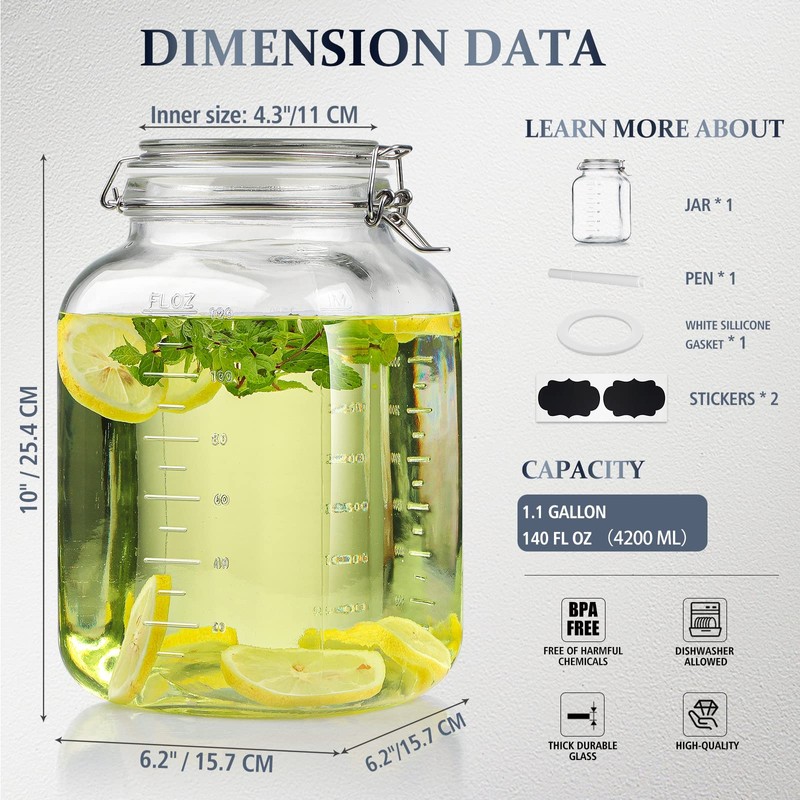 Folinstall 1 Gallon Square Super Wide-Mouth Glass Jars with Airtight