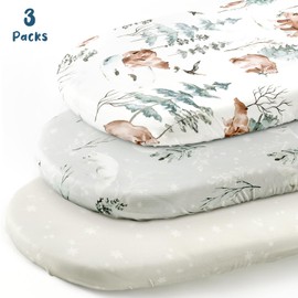 GRSSDER Stretchy Ultra Soft Fitted Bassinet Sheet Set 3 Pack, Universal Fit for Bassinets Baby Cradle Moses Basket Oval Rectangle Mattress Safe and Snug, Stylish Pattren of Bear and Wolf Print