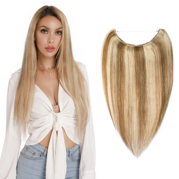 Silk-co Real Hair Extensions with Transparent Cord, Wire-In Extensions Golden Brown Highlights Bleach Blonde 70 g, Secrets Hair Extensions, Hair Extensions Hair Extensions for Women, 50 cm, #12P613