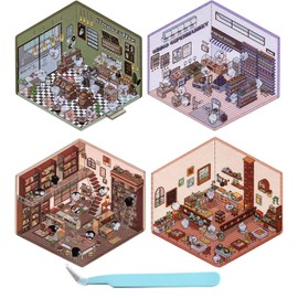 4 Sets DIY 3D House Stickers, Fun DIY Stickers Scene Make Your Own Supermarket|Coffee Shop|Restaurant|Bookstore, Cute Korean Cartoon Scene Stickers for Adult Kids Relief Stress Pass The Time (A)