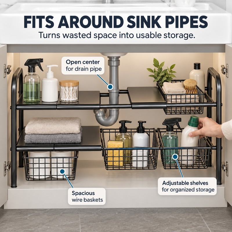Expandable Under-Sink Organizer for Kitchen & Bathroom – Single-Tier 3-Panel