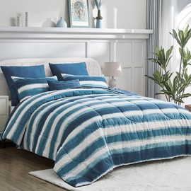 Wonderful Queen Comforter Set, Buffalo Plaid, Wooly Feel, Brushed Hypoallergenic, 3 Pieces with Pillow Shams, Lightweight Cabin Lodge Bedding for All Season (Blue White Wave, Full)