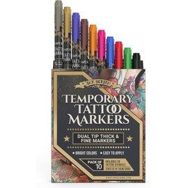 Tattoo Pen Kit for Skin – 10 Temporary Tattoo Markers with Dual Tips & 20 Stencils, Body-Safe Ink for Face, Hands & Arms – Fun Body Art Pens for Kids, Teens, Parties, Festivals & Costume Design