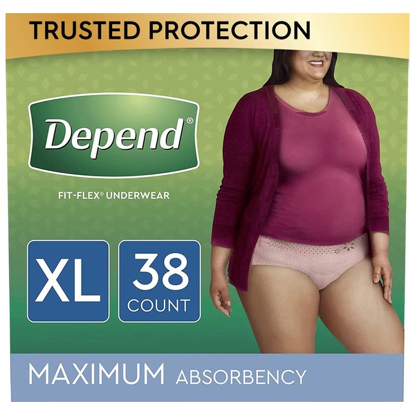 Depend FIT-FLEX Incontinence Underwear for Women, Disposable, Maximum Absorbency, XL, Blush, 38 Count