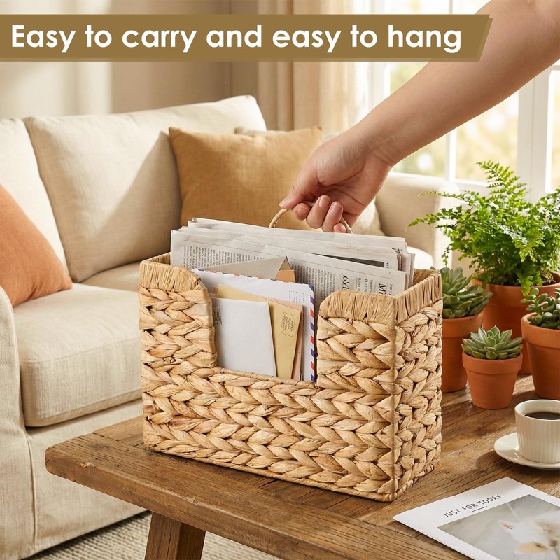 Woven Hanging Magazine Holder, Water Hyacinth Hanging Magazine Basket 11.8