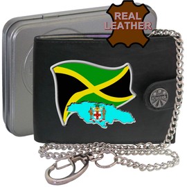 Klassek Jamaica Flag Jamaican Map and Coat of Arms COA Mens Wallet with Chain Real Leather RFID Blocking with Coin Pocket and Metal Gift Box