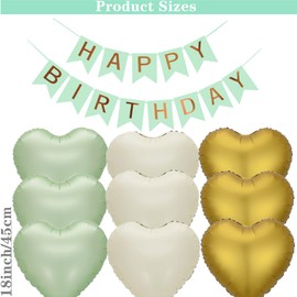 42 Pieces Sage Green Birthday Party Decorations Happy Birthday Banner Gold Heart Balloons Latex Balloons Garland Arch Kit for Women 30th 40th 50th 60th Birthday Party Decorations Supplies (Green)