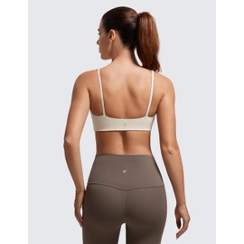 CRZ YOGA Butterluxe Spaghetti Strap Sports Bras for Women - Square Neck Yoga Wireless Bra Padded Cami Crop Top Mojave Tan Medium