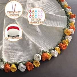 THMINS Beginner Crochet Kit – DIY Floral Blanket with Hook, Pattern & Step-by-Step Video Tutorial, Easy Craft Gift for Women, Christmas/Birthday (White)