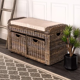 happimess HPM9104A Palermo 34.50" 2 Drawer Wicker Storage Bench, Rattan/Iron/Linen, Coastal, Rustic, Transitional for Office, Dorm Room, Living Room, Bedroom, Dining Room, Gray