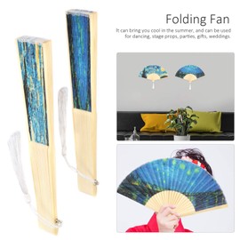 2Pcs Bamboo Silk Folding Fan, Bamboo Handheld Fans Starry Night Handheld Fans for Handwork Gift Party Dancing