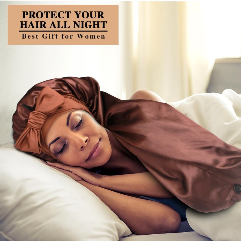 1+3 Long Satin Bonnets with Scrunchies for Women Sleeping, Double