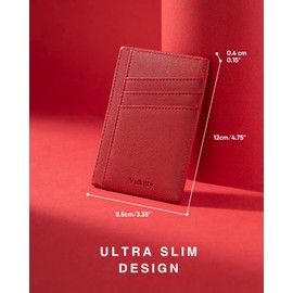 Vulkitty Women Minimalist Slim Front Pocket Wallet Keychain Small Purse RFID Blocking Credit Card Holder with ID Slot Window (Red)