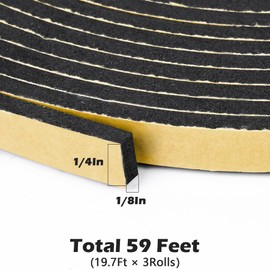 ToLanbbt Black Door Window Weather Stripping Self Adhesive Foam Tape High Density Foam Sealing Strip Window Insulation Weatherproof Gasket Tape 1/4" Wide X 1/8" Thick, 19.7 Ft X 3 Rolls, Total 59 Feet