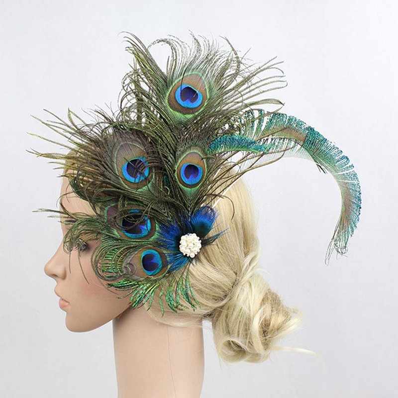 Frcolor 1920 Peacock Feather Hair Clip Gatsby Flapper Peacock Feather