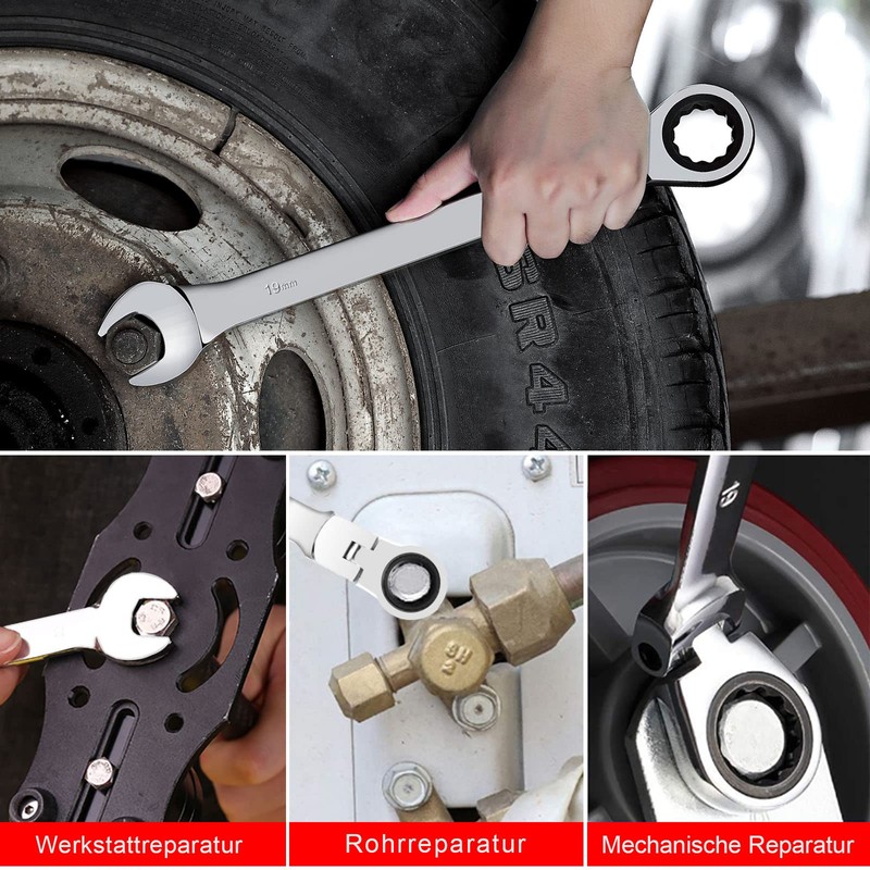 WISEUP Combination Wrenches, 17mm Flexible Ratchet Spanner, CR-V Forged Spanner,