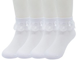Snegyu 4 Pack Cotton Girls White School Socks White Frilly Lace Top Bows Dance Thin Summer Ankle Socks for Kids Girls 12-16 Years