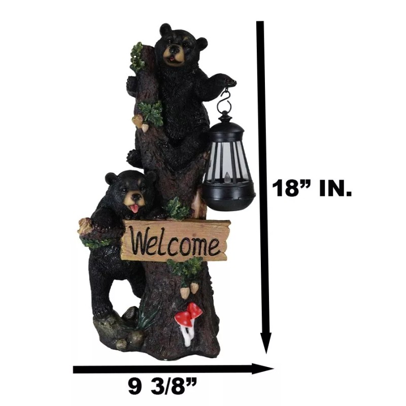 Climbing Black Bear Cubs Garden Light Welcome Statue Figurine Solar
