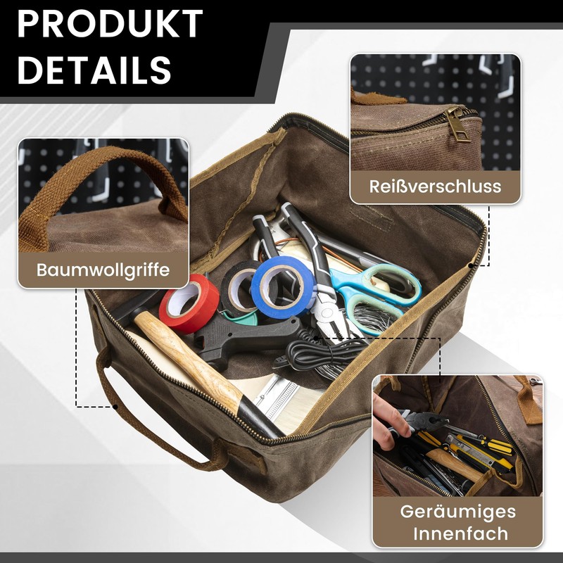 Canvas Tool Bag, Zippered Tool Pouch with Handle, 16 oz