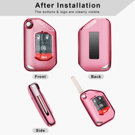 QBUC for Jeep Key Fob Cover with Keychain Flip Key Case for 2022 2021 2020 2019 2018 Jeep Wrangler Gladiator JL JLU Rubicon JT (Pink)