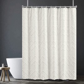 Inshere White Boho Farmhouse Shower Curtain for Bathroom with 12 Hooks, Modern Textured Tufted Geometry Moroccan Minimalist Cute Aesthetic Shower Curtain Set for Bathroom Decor 72 x 72 Inch