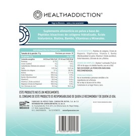 HealthAddiction - Péptidos Bioactivos de Colágeno Hidrolizado con Ácido Hialurónico, Biotina, Bambú, Vitaminas y Minerales – Polvo Sin Sabor – 330 g /