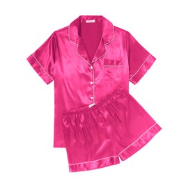 Ekouaer Pajamas Sets Womens Silk Satin Pjs Short Sleeve Button Down Loungewear 2 Piece Sleepwear Summer Shorts Set,Rose,XXL