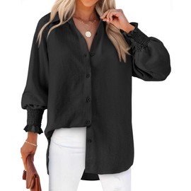Black Button Down Shirt Women 2025 Fall Trendy Boyfriend French Collar Blouse Wrinkle Free V-Neck Flowy Office Dress Shirt Work Business Chiffon Tunic Tops Lightweight Plus Size Tops Cute Beach