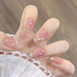 Pack of 24 False Nails for Sticking Short Square Pearl Rhinestone French Artificial Nails Pink Glitter Press On Nails, Ballerina Acrylic False Nails for Women Girls Party and Home DIY