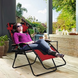 MAISON ARTS Oversize XL Padded Zero Gravity Lawn Chair Anti Gravity Lounge Chair Adjustable Recliner w/Pillow & Cup Holder Outdoor Camp Chair for Poolside Backyard Beach, Support 350lbs, Red