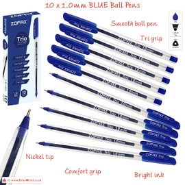 ZOFAX Trio Ballpoint Pens, BLUE, 1.0mm Medium Point, Pack of 10, Triangular Comfort Grip, Smooth Writing, Office School Home Value Biros Ball Pens