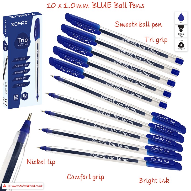 ZOFAX Trio Ballpoint Pens, BLUE, 1.0mm Medium Point, Pack of
