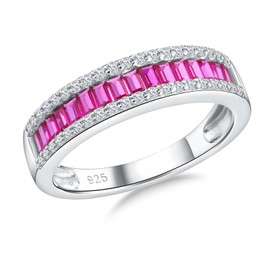 Moissanite Wedding Band for Women 925 Sterling Silver Rhodium Plated Created Ruby Ring July Birthstone Jewelry Eternity Anniversary Band Ring, Size 8