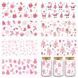 Christmas Transfer Cup Wraps Decals - 8 Sheets Cute Pink Snowflake Gingerbread Man UV DTF Cup Wraps for 16 oz Glass Mugs, Snowman Candy Santa UV DTF Decals for Christmas Handicrafts Decoration Gifts